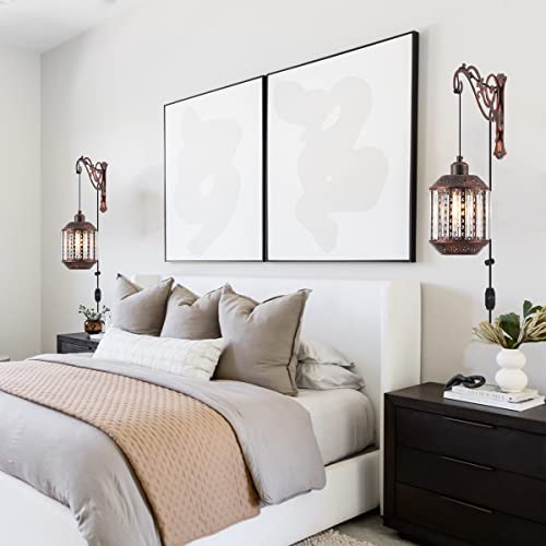 Image of Black Farmhouse Lantern Hanging Lamp Plug in Wall Sconces Set of Two,Boho Dimmable Glass Wall Mounted Lights Plug in Hanging Wall Lamps Rustic for Bedrooms Bedside Living Room