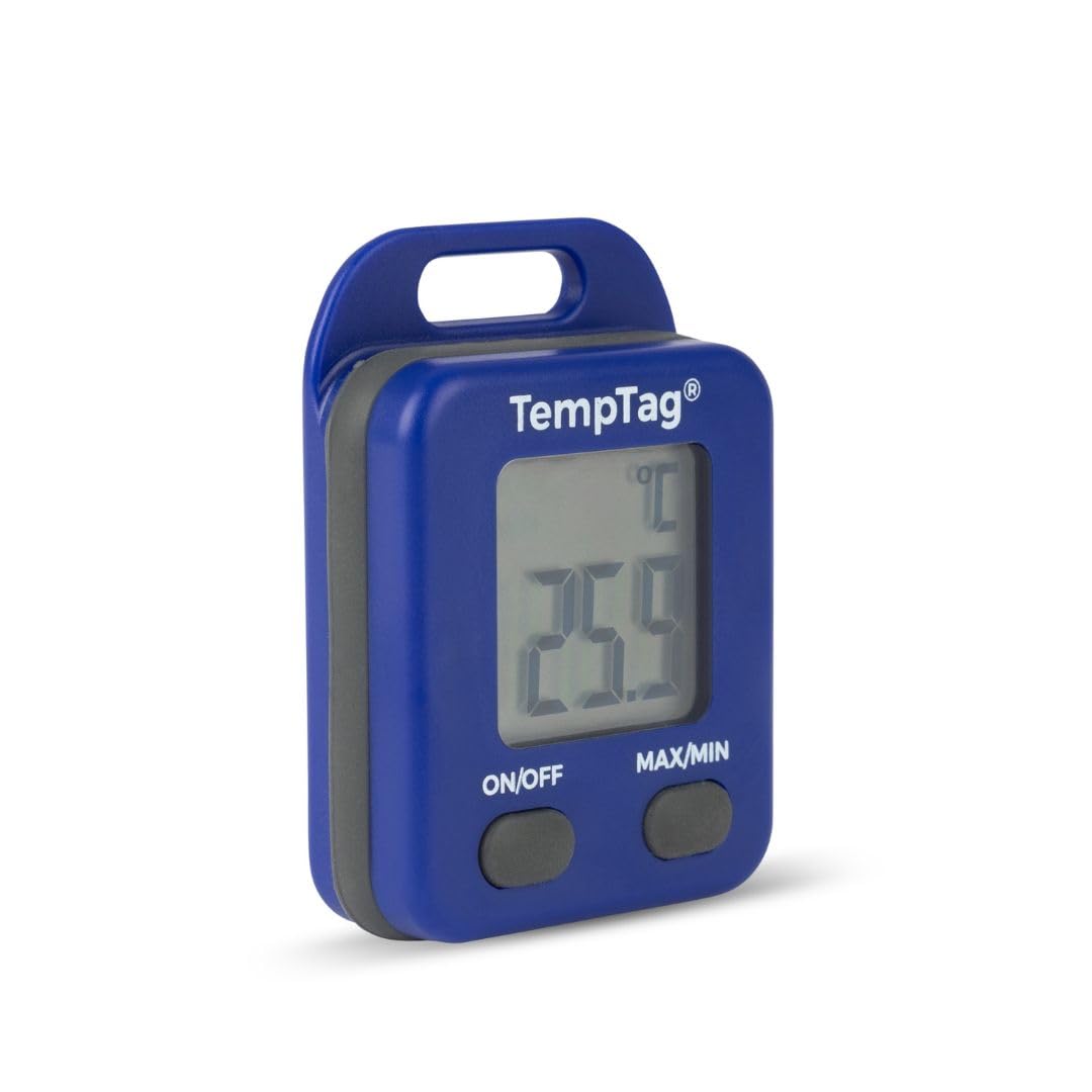 TempTag Micro Max/Min Thermometer - IP65 Water Resistant Max/Min Temperature Gauge for Camping, Hiking, and Backpacking - Lightweight Compact Travel Thermometer for Clip-on Bag Attachment (Blue)