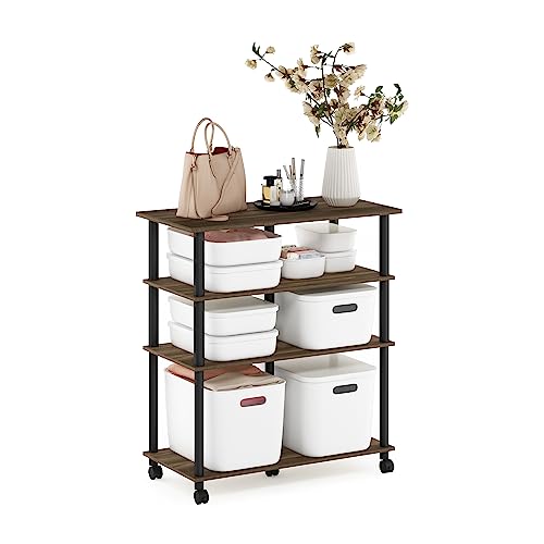 Image of Furinno Helena 4-Tier Multifunction Rolling Open Shelves Storage Cart Organizer, Columbia Walnut /Black