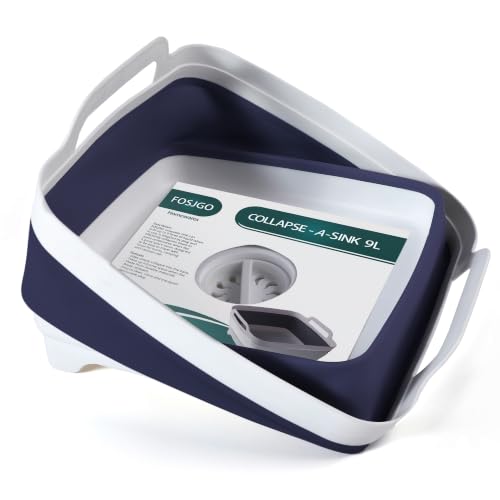 Image of FOSJGO Collapsible Dish Basin with Drain Plug, 2.4 Gal (9L) Space-Saving Foldable Sink, Wash Basin for Kitchen, Baby Bottles, Vegetable Washing, Camping, RV and Party Beverage Tubs (Navy blue)