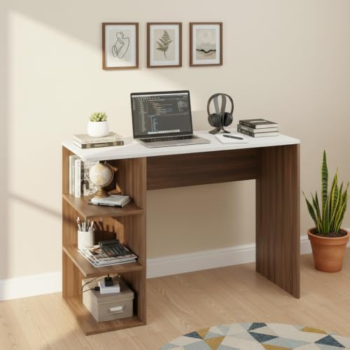 FURNEASER Qualish Engineered Wood Study Desk with Open Side Shelv...