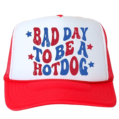 Bad Day to Be a Hot Dog 4th of July Classic 5 Panel Mesh Snap Back Trucker Hat Red Trucker Hat