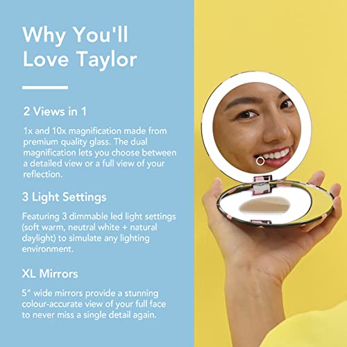 Fancii Led Lighted Travel Makeup Mirror, Rechargeable With 10X/1X Magnifying & 3 Light Settings - Compact, Portable, Large 5” Wide Hand Mirror For Handbag And Purses, Taylor (Love Train) #TOP1