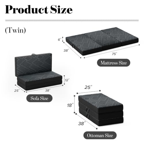 Image of Vamcheer Folding Mattress Twin Size Foldable Mattress 6 Inch 75 inchx38 inchx6 inch | Tri Folding Mattress Trifold Memory Foam Mattress with Washable Cover, Handle & Non-Slip Bottom for Travel Camping Guest Room