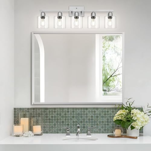 Image of Modern Brushed Nickel 5 Light Bathroom Vanity Light, 31 inch Bathroom Light Fixtures, Vanity Lights for Bathroom with Clear Glass for Mirror Kitchen Living Room Hallway Cabinet Porch