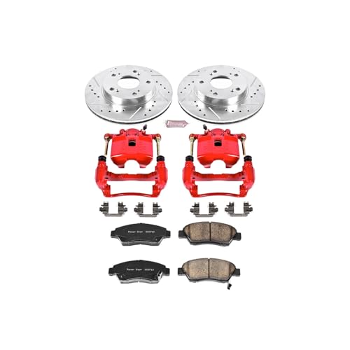 Image of PowerStop Front Brake & Caliper Kit for Acura RSX 2002-06 | Honda Civic 2004-05 - Carbon-Fiber Ceramic Brake Pads + Drilled & Slotted Rotors + Red Powder Coated Calipers, KC2386