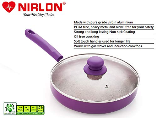 Image of Nirlon Regal Purple Aluminium Non-Stick Induction Base Fry Pan with Glass Lid, 24cm - 1.9 Liter (Color - Purple)