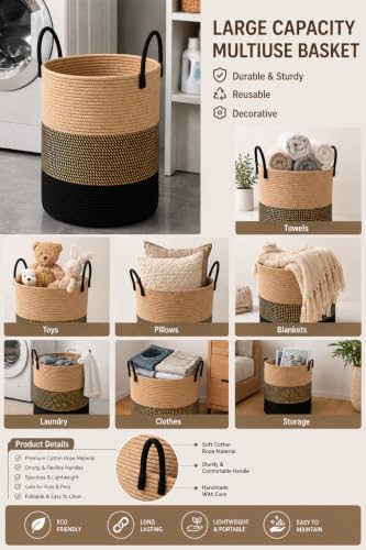 Image of Large Laundry Basket - Rope Hamper for Dirty Clothes, Towels, Toys, Blanket, Pillows in Living Room, Bedroom and Laundry Room (Size - 14 inch x 14 inch x 18 inch) (Beige Black Mix)