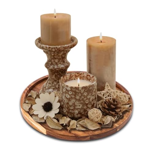 Wooden Candle Holder Tray, Round Decorative Candle Platter, Farmhouse Coffee Table Centrepiece Decorative Tray, Rustic Wood Trays for Home Decor Table Christmas Decorations(Rustic Brown)