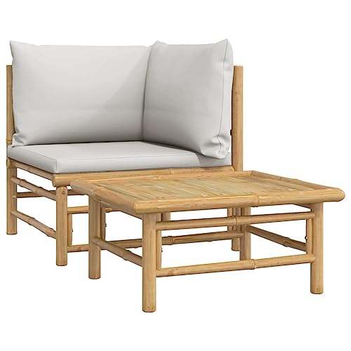 vidaXL Salon de Jardin 2 pcs avec Coussins Gris Clair Bambou, Ensemble de Salon, Ensemble de Salon de Patio, Ensemble de mobilier de Patio