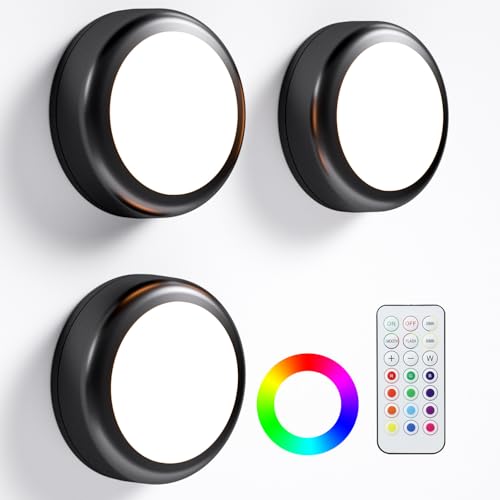 Image of LED Puck Lights with Remote, 13-Color Under Cabinet Lighting Wireless, Battery Operated Stick-On Lights, Dimmable Push Light for Closet /Shelf /Wall (Black-3 Pack)