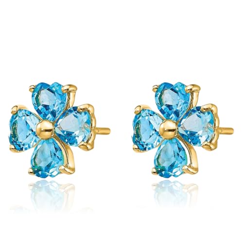 14K Solid Yellow Gold Heart Love Shaped Swiss Blue Topaz Flower Stud Earrings December Birthstone Jewelry3