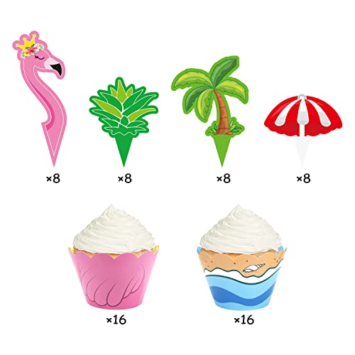 32Pcs Cupcake Toppers And 32Pcs Cupcake Wrappers, Summer Flamingo Pineapple Palm Sun Umbrella Cake Decorations For Beach Pool Tropical Hawaiian Theme Birthday Baby Shower Wedding Party Supplies #TOP3
