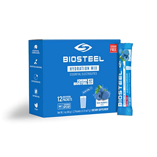 BioSteel Hydration Mix, Sugar-Free with Essential Electrolytes and B Vitamins, Blue Raspberry, 12 Single Serving Packets