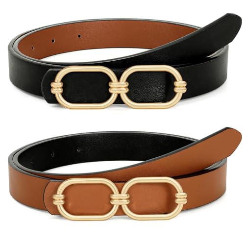 WHIPPY Women Reversible Leather Belts for Jeans Pants Fashion Skinny Belt Ladies Waist Belt with Gold Buckle
