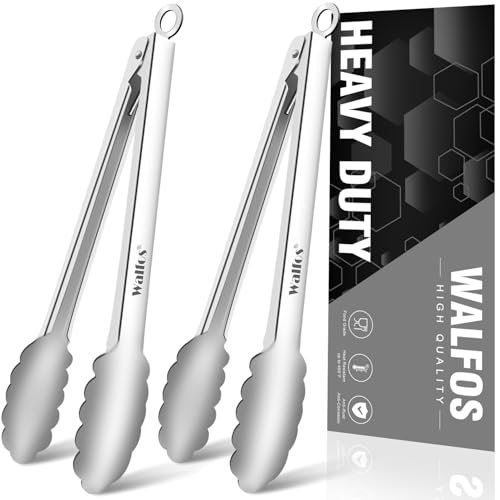 Walfos tongs for cooking, All Metal Kitchen Tongs 600℉ Heat Resistant, Heavy Duty Locking Tongs 2-piece 12 Inch