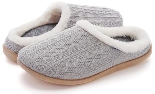 WHITIN Women Warm Cozy Fuzzy Knitted Slipper Slip On House Shoes Orthotic Arch Support Size 8 Soft Ladies Bedroom Plantar Fasciitis Light Grey 38