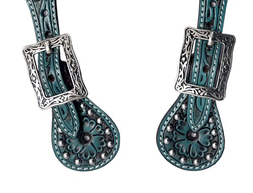 BLACK HOOF | Turquoise | Floral Tooled Leather Spur Straps with Silver Spots for Horse Riders | Western Men, Women, Adjustable Single Ply Spur Straps | Equestrian Accessories - image 4