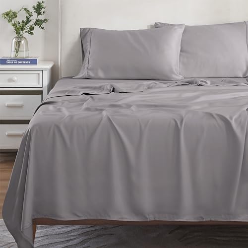 Superior Modal from Beechwood 300 Thread Bed Sheet Set, 1 Elastic Deep Pocket Fitted Sheet, 1 Flat Sheet, 2 Pillowcases, Soft Cool Sheets, Sateen Weave, Bedding Essentials, Queen, Grey