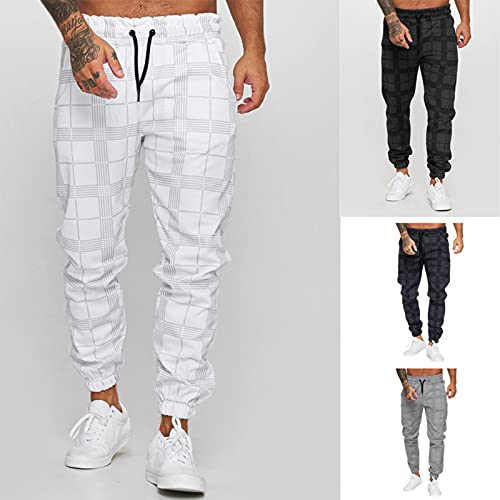 Men's Long Casual Sport Pants Plaid Drawstring Trousers Athletic Running Gym Jogger Sweatpants With Pocket Light Gray #TOP4
