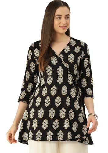 Image of feranoid Floral Print Angrakha 3 Sleeves Flared Kurti