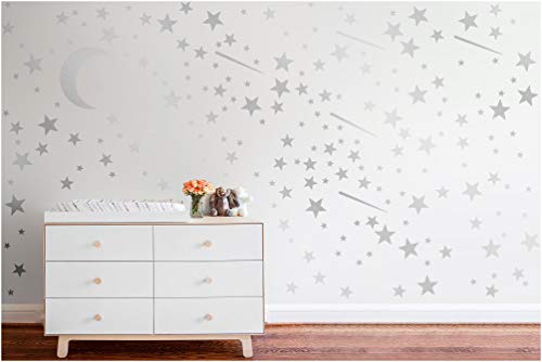 PapaKit Twinkle Little Stars & Moon Wall Decal (Brilliant Silver, 200 Assorted Stickers) Baby Nursery Child Kid Teen Girl Boy Room Home Decor | Creative Art Design Pattern | Safe Removable Adhesive