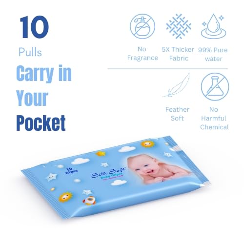Image of Baby Wet Wipes - 60 Wipes Travel Packs (10 x 6 Packs) | Fragrance-Free, Alcohol-Free & Hypoallergenic | Extra Thick, Moisturizing & Gentle on Sensitive Baby Skin