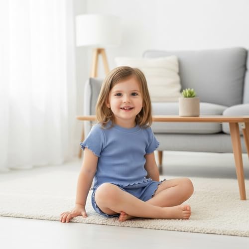Image of Toddler Girl Clothes Summer Outfit Short Sleeve Shorts Set 12M-5T | Soft ribbed knit toddler girl outfit with breathable fabric, ruffle top, comfy shorts and stretchy fit for summer daily wear.