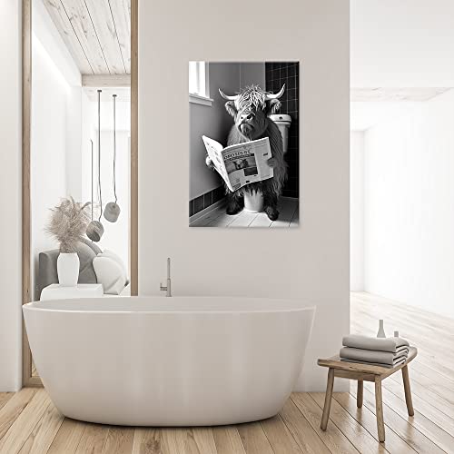 Koeuirw Funny Highland Cow Bathroom Canvas Wall Art Black And White Longhorns In Toilet Aesthertic Poster Vintage Cute Animal Print Painting Modern Farmhouse Wall Decor For Bathroom16X24In Unframed #TOP1