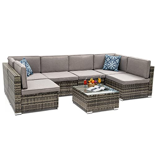 Yitahome 7 Piece Outdoor Patio Furniture Sets, Garden Conversation Wicker Sofa Set, And Patio Sectional Furniture Sofa Set With Coffee Table And Cushion For Lawn, Backyard, And Poolside, Gray Gradient #TOP6