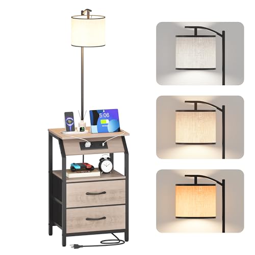 ZHNSYDN End Table with Floor Lamp Nightstand with Charging Station Floor Lamp Table with 3-Color Temperature Bulb Bedside Table Night Stand with 2 Drawers for Bedroom Living Room Greige