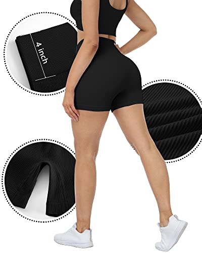 Lzyvoo 4 Piece Workout Shorts Womens, High Waisted Ribbed Seamless Yoga Spandex Biker Shorts(3" Blackdgraywinenavy-L) #TOP1