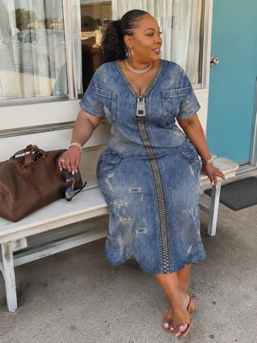 Image of SUZONANA Plus Size Denim Print Maxi Dresses for Women Casual V Neck Short Sleeve with Pockets Soft Jean Look Dress XL-6XL