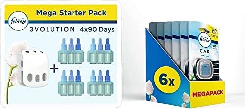 Febreze 3Volution Duftstecker (80 ml, 4 x 20ml) + Auto Lufterfrischer (12ml, 6 x 2ml) Reine Frische, Starterset, Raumduft und Lufterfrischer und Auto Duft gegen Gerüche