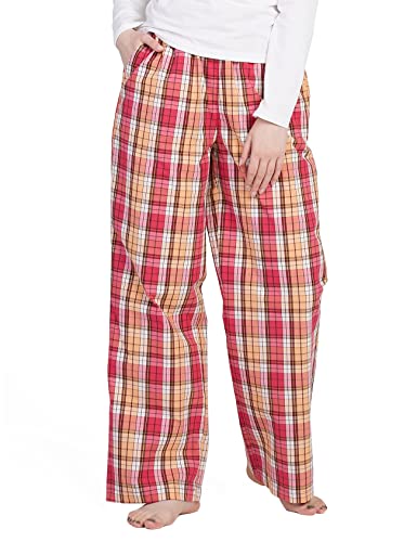 Lapasa Women's 100% Cotton Woven Plaid Pajama Pants Lounge Sleep Pants Pj Bottoms L, Orange+Pink Plaid #TOP8