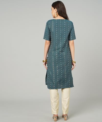 Image of Cotton Dobby Woven Design V- Neck Elbow Sleeves Knee Length Kurta for Women's