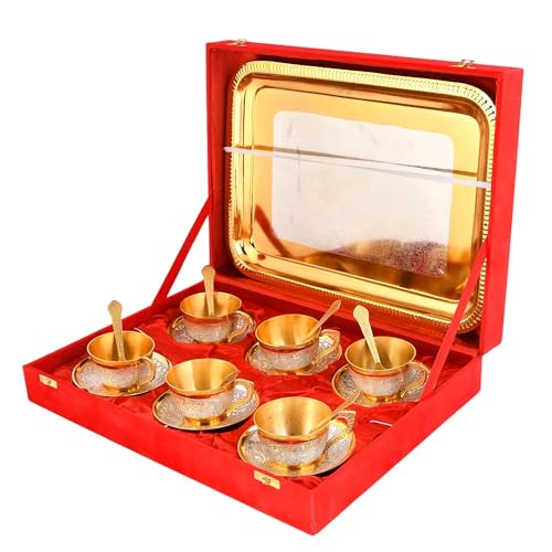 Image of Silver Plated Cup Saucer Set with Tray in Velvet Box | Cup Saucer Set of (6 Cups + 6 Saucer 6 Spoon + 1 Tray) | Luxury Handcrafted | Dishwasher Safe | Ideal for Daily Use & Gifting |