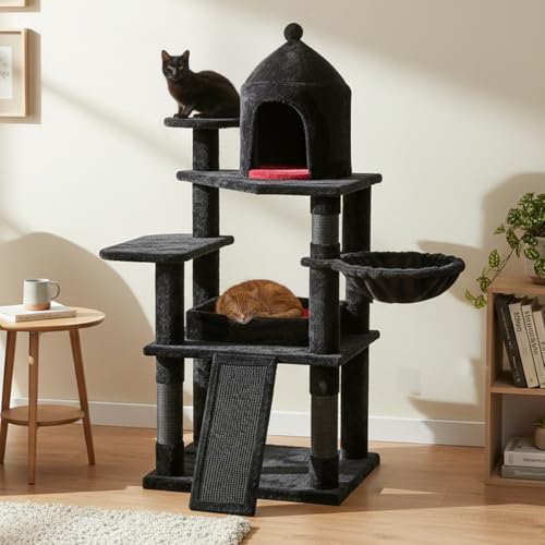 BEWISHOME Heavy Cat Tree, Larger Gothic Cat Tree with Coffin Bed Halloween Cat Tower for Indoor with Scratching Post, Pet Play for Adult Cats Kittens Black with Red MMJ92R