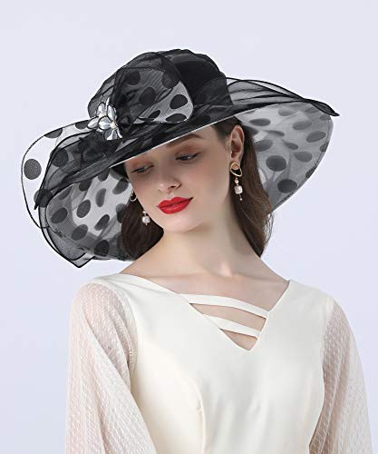 Oridoor Women's Organza Church Hat Fascinator Bridal Tea Party Wedding Dress Wide Brim Bowler Polka Dot Pattern Hat A4-Black #TOP2