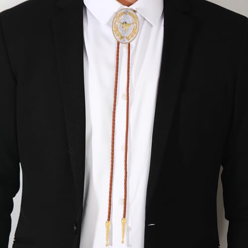 Image of GelConnie Brown Bolo Tie for Men Women Western Ties Mens Gold Bolo Tie Rodeo Cowboy Leather Necktie Cowgirl Tie Wedding
