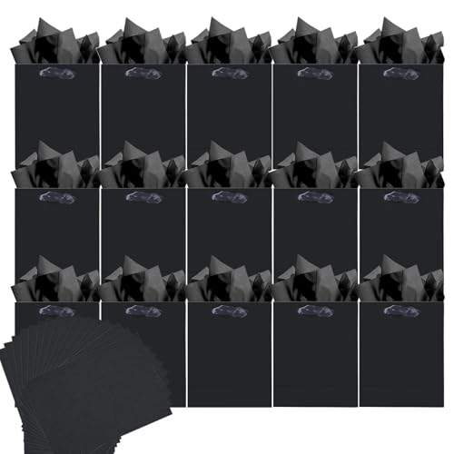 qiqee 24PCS Black Mini Gift Bags with Tissue Paper Handles 6.3x4.7x2.4 Small Size Present Party Favor 24pcs Bags Tissue Paper