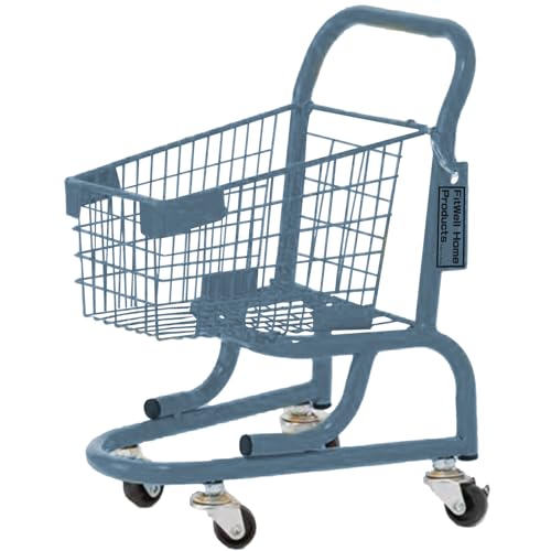FitWell Mini Shopping Cart Dolls Holder Simulate Grocery Trolley Handcart Decorative Ornaments Colorful Metal Shopping Utility Cart Mode on Wheels for Holder Desk Accessories for Storage (Blue)