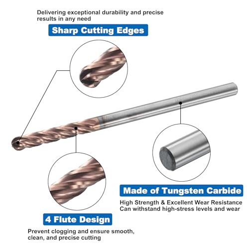 Image of HARFINGTON Ball Nose End Mill 4 Flute 1 /8 inch Diameter 1 /8 inch Shank Tungsten Carbide TiAlN Coated Spiral CNC Router Bits 3 /4 inch Cutting Length Single End Ball for Carving Engraving Grinding