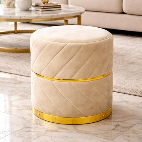 Image of Premium Velvet Puffy Ottoman Stool for Living Room | Round Footrest with Diagonal Channel Stitching & Gold Metal Base | Luxury Pouffe for Bedroom & Dressing Area