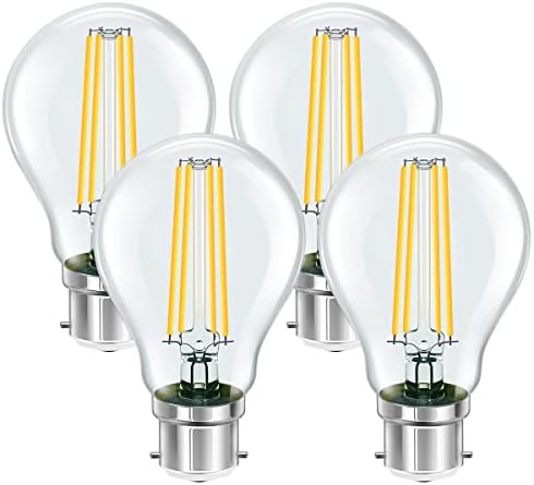 AMPTON Light Bulbs Bayonet 60W Equivalent, B22 LED Bulb Warm White, 8W 800lm, 360 Deg Beam Angle, Energy Saving Vintage Lamp, GLS Clear Filament Lights, Non-dimmable, Pack of 4