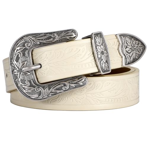 SANSTHS Western Belt For Women, Womens Cowboy Belt For Pants Jeans With Vintage Floral Carved Design