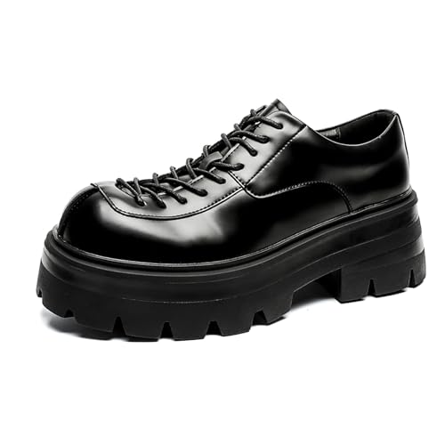 Men's Leather Platform Lace Up Oxfords Casual Round Toe Chunky Heel Slip On Derby Shoes for Formal Work Business Dress