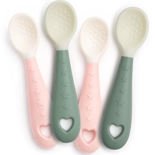 4-Pack Silicone Baby Spoons, Seposeve Soft Gum-Friendly First Feeding Spoons for Babies, Baby Feeding Utensils Essentials, Easy-Grip Handle, BPA Free, Dishwasher Safe, 2 Green 2 Pink