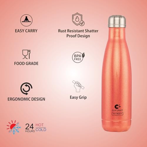 Image of Clay Craft Vacbott Stark Sparkle Double Walled|18 Hours Hot and 24 Hours| Cold Water Bottle Vacuum Insulated Flask Bottle|500 ml, 2 Piece, Water Bottles for School, Home, Gym, Leakproof
