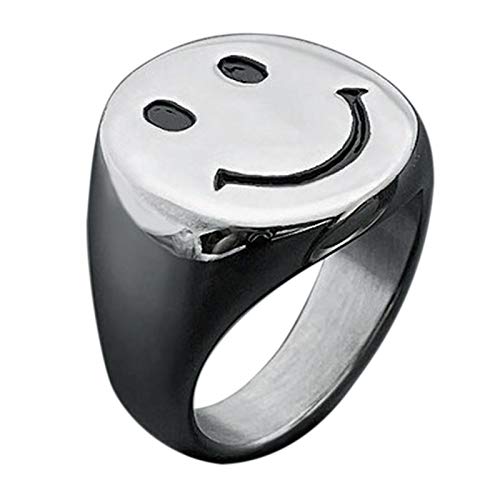 IDesign Smiley Face Ring chunky Gold White Silver Signet Ring, Stainless Steel Asthetic Cool Rings For Egirl Eboy Handmade Rings Dainty Statement Ring For Women Men (silver, 9)